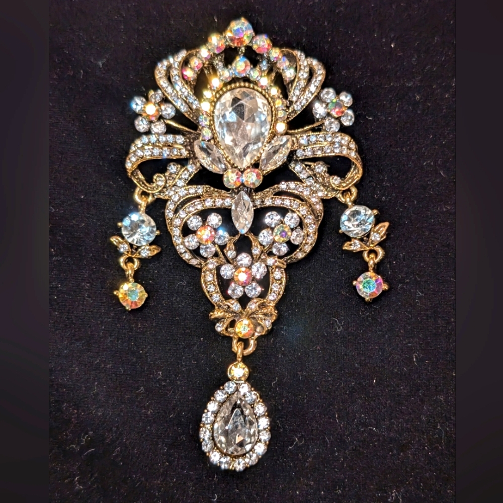 Chunky Brooch Pin Pendant Clear Glass Rhinestones Art Deco Style Large Teardrop
